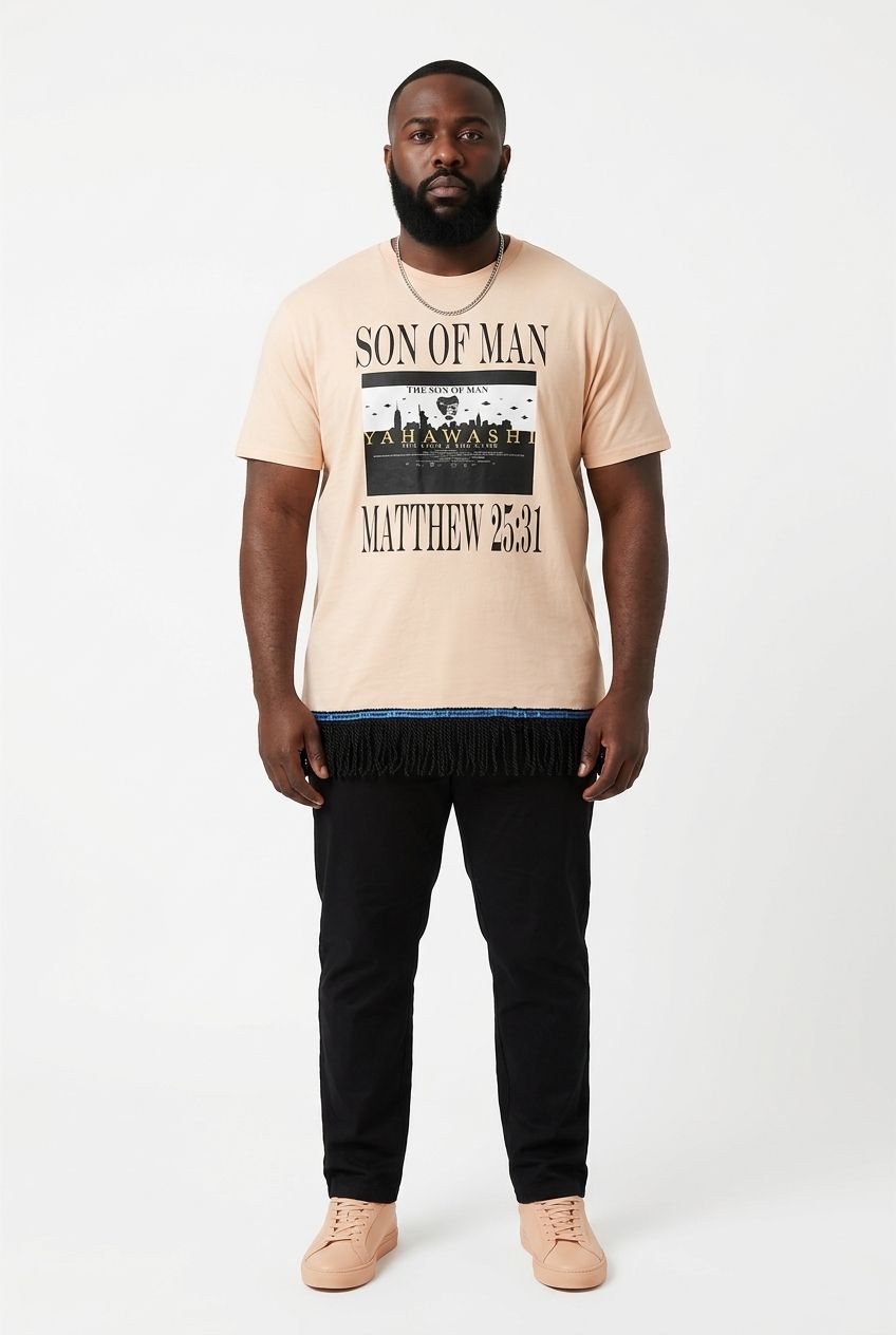 100% Cotton The Son of Man Matthew 25:31 Apricot Shirt Black Fringes