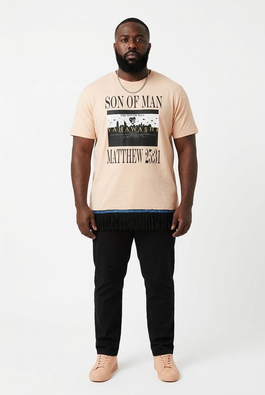 100% Cotton The Son of Man Matthew 25:31 Apricot Shirt Black Fringes