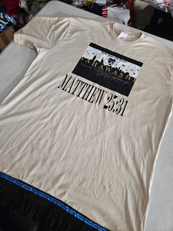 100% Cotton The Son of Man Matthew 25:31 Sand Shirt Black Fringes