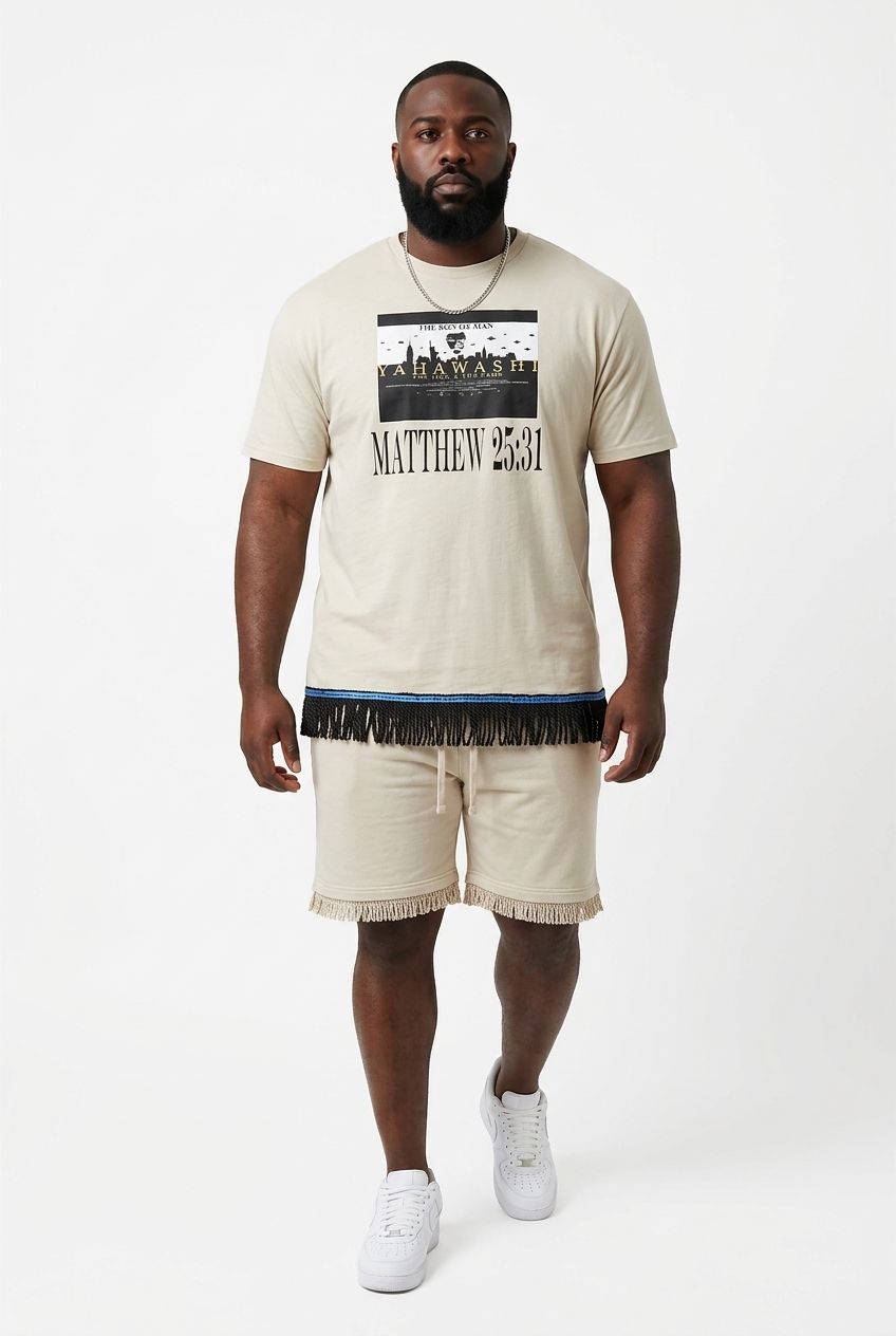 100% Cotton The Son of Man Matthew 25:31 Sand Shirt Black Fringes