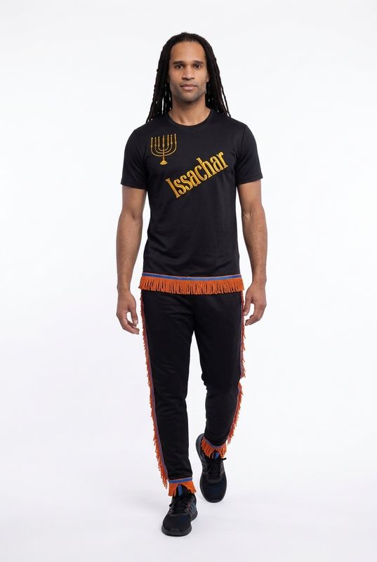 Issachar w/ Menorah Orange Fringes 100% Polyester Polo Black Long Sleeve