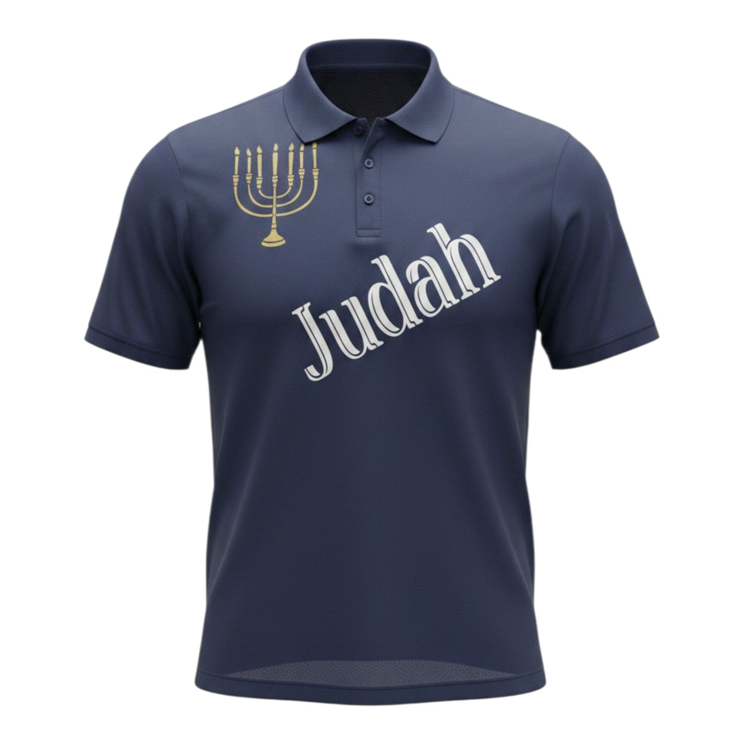 Judah w/ Menorah Gold Fringes 100% Polyester Polo Navy Blue Short Sleeve