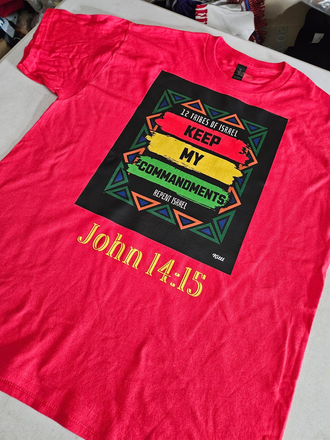 12 Tribes of Israel Keep My Commandments Red Tee John 14:15 Gold Fringes