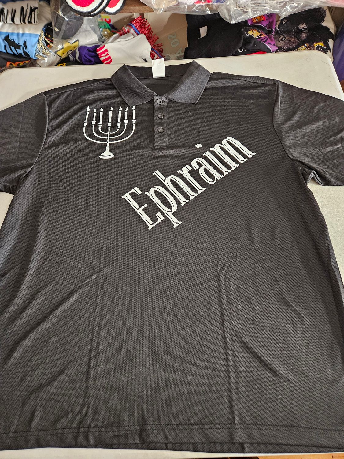 Ephraim w/ Menorah White Fringes 100% Polyester Polo Black Short Sleeve