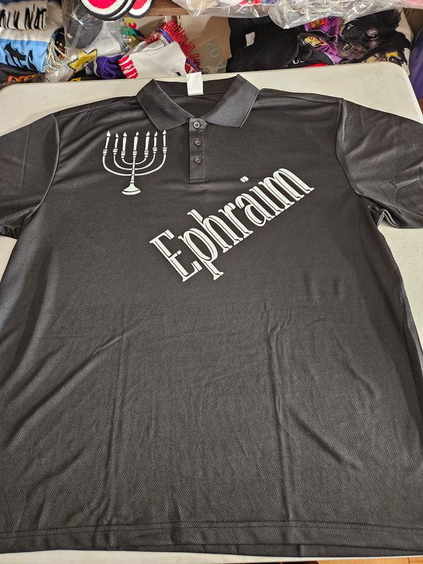 Ephraim w/ Menorah White Fringes 100% Polyester Polo Black Short Sleeve
