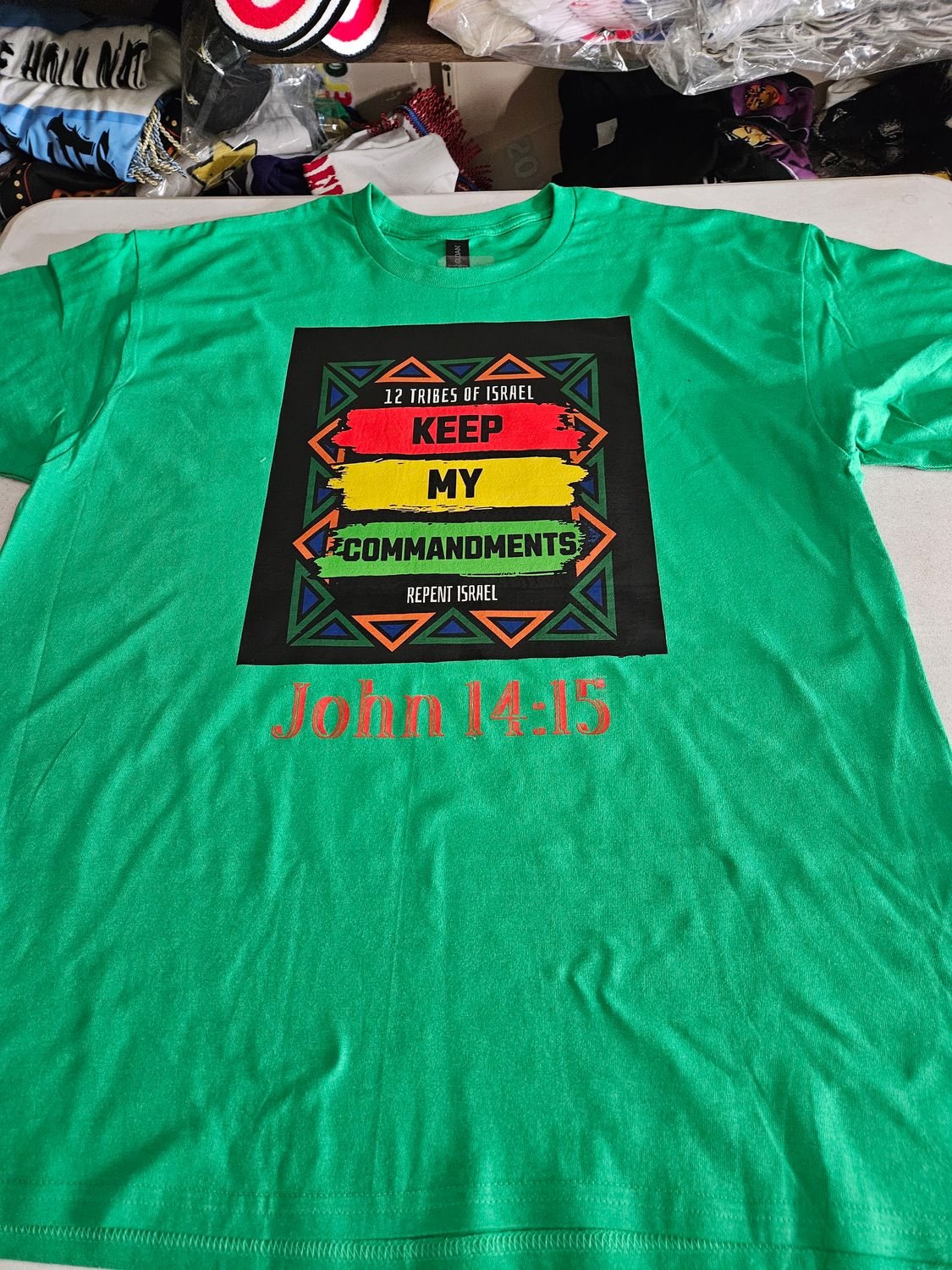 12 Tribes of Israel Keep My Commandments Irish Green Tee John 14:15 Gold Fringes