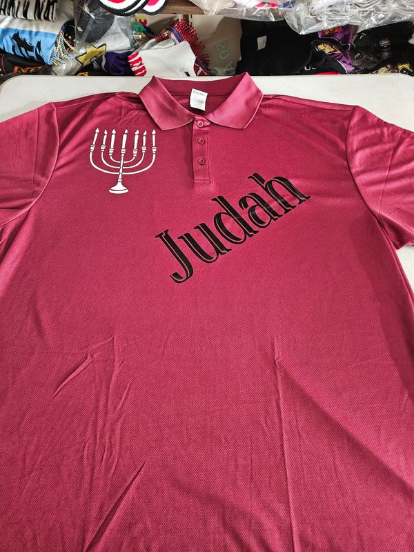 Judah w/ Menorah Black Fringes 100% Polyester Polo Burgundy Short Sleeve