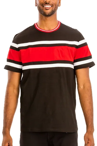 100% Cotton Three Stripe Short Sleeve Black-Red T shirt White Fringes