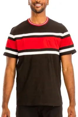 100% Cotton Three Stripe Short Sleeve Black-Red T shirt White Fringes