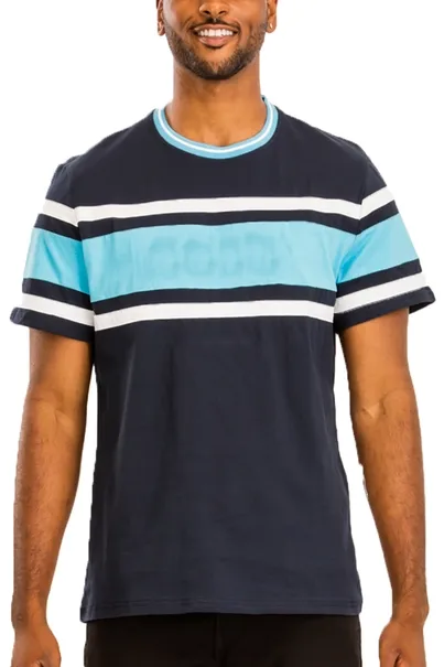 100% Cotton Three Stripe Navy-Light Blue Short Sleeve T Shirt Black Fringes