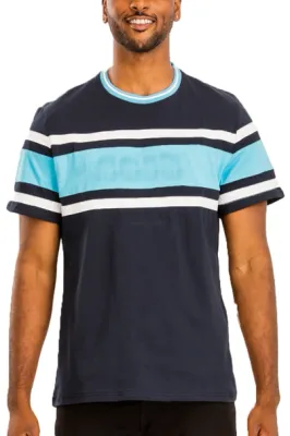 100% Cotton Three Stripe Navy-Light Blue Short Sleeve T Shirt Black Fringes