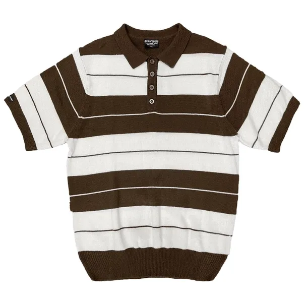 100% Acrylic Striped Brown White 4 Button Polo Shirt BrownFringes