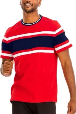 100% Cotton Three Stripe Red-Navy Blue Short Sleeve T Shirt Gold Fringes