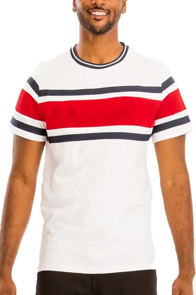 100% Cotton Three Stripe White-Red Short Sleeve T Shirt Black Fringes
