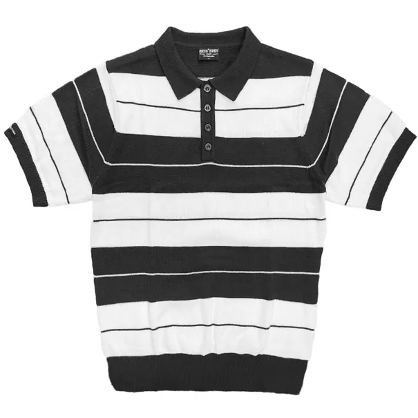100% Acrylic Striped Black White 4 Button Polo Shirt Black Fringes