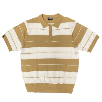 100% Acrylic Striped Khaki White 4 Button Polo Shirt Gold Fringes