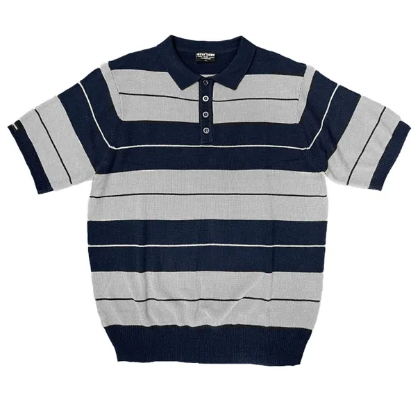 100% Acrylic Striped Navy Grey 4 Button Polo Shirt White Fringes