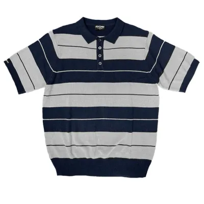 100% Acrylic Striped Navy Grey 4 Button Polo Shirt White Fringes