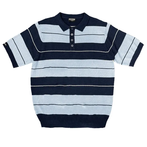 100% Acrylic Striped Navy Sky 4 Button Polo Shirt White Fringes