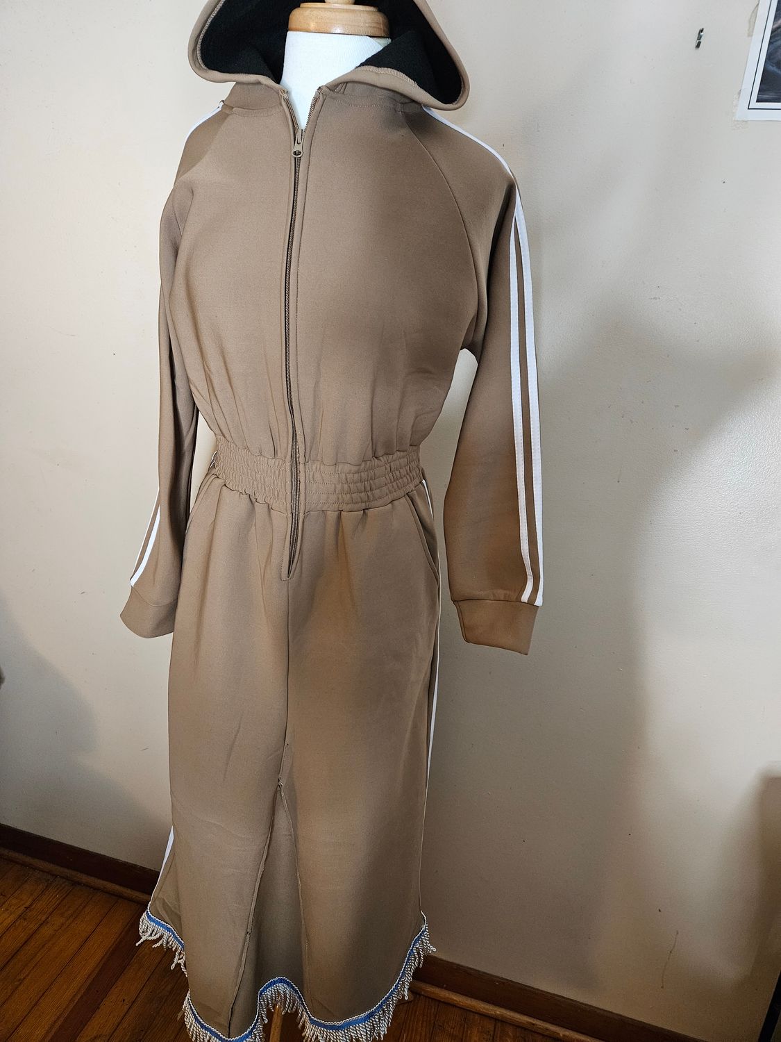 Jumpsuit Hooded Lined Fleece Side Stripes Custom Made Wide-Maxi Skirts Taupe White Fringes