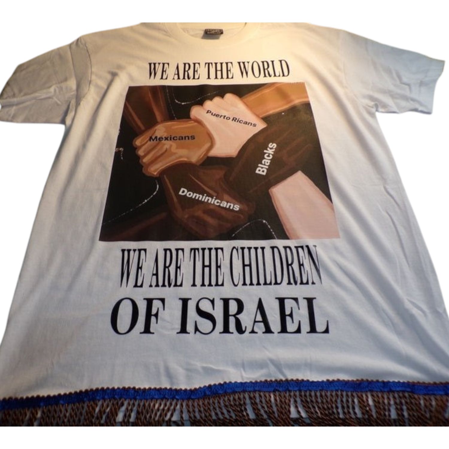 We Are the World We Are the Children of Israel White Tee Brown Fringes