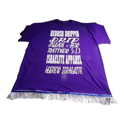 Hebrew Drip Purple Tee White Fringes