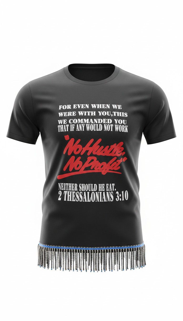 No Hustle No Profit Black Tee White Fringes 2nd Thessalonians 3:10