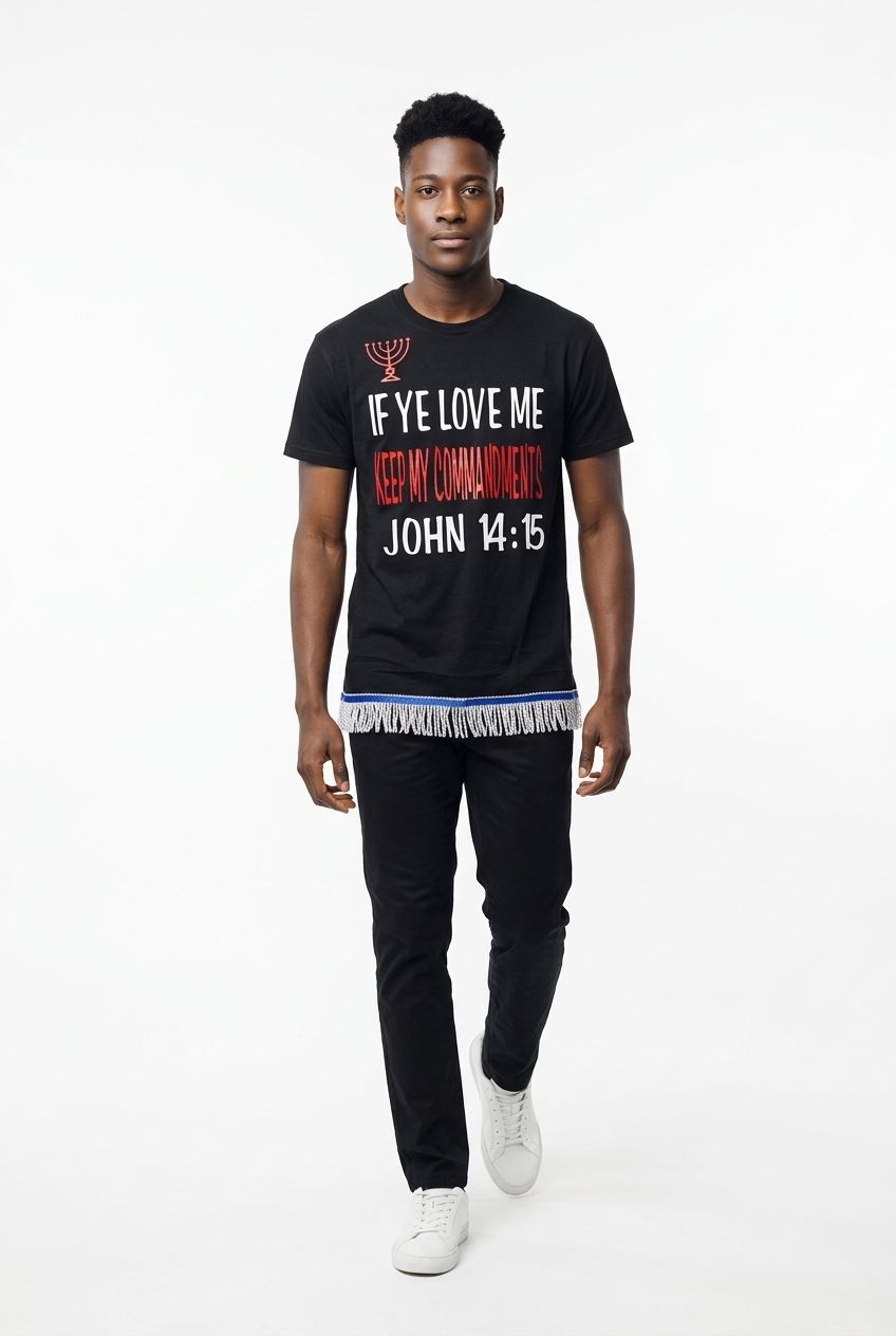 If Ye Love Me Keep My Commandments John 14:15 Black Shirt w/White Fringes