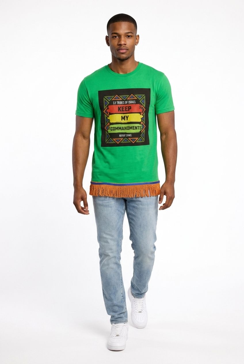 12 Tribes of Israel Keep My Commandments Irish Green Tee John 14:15 Orange Fringes