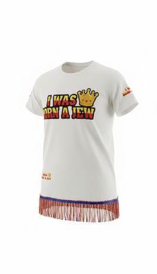 I Was Born A Jew Patch Work White Tee Red/Gold Fringes
