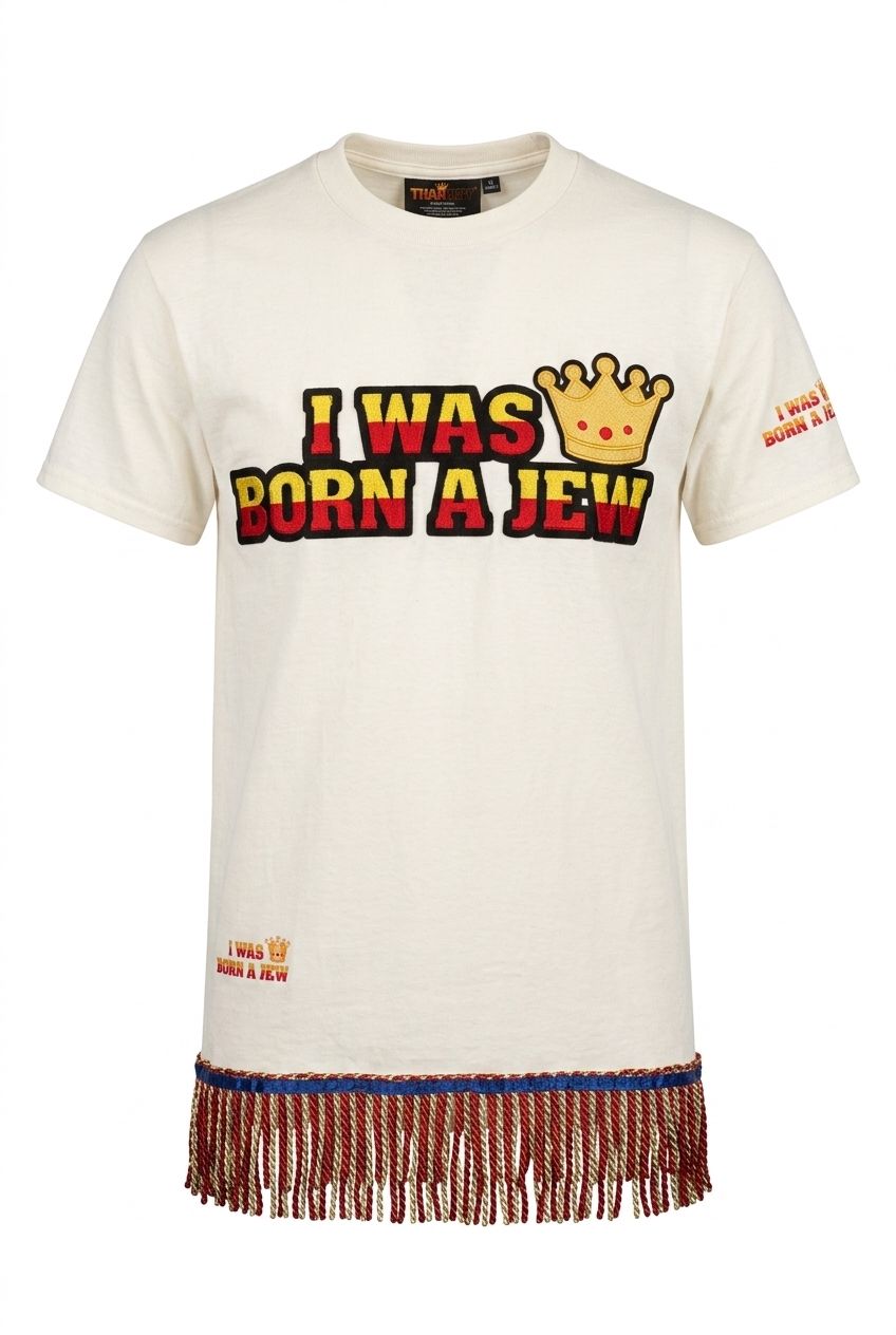 I Was Born A Jew Patch Work White Tee Red/Gold Fringes