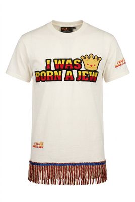 I Was Born A Jew Patch Work White Tee Red/Gold Fringes