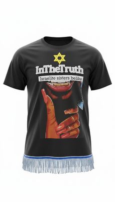 I Was Born A Jew Patch Work Black Tee Sky Blue Fringes