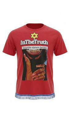 I Was Born A Jew Patch Work Red Tee Sky Blue Fringes