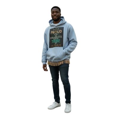 100% Cotton Hooded Super Proud to Be an Israelite from the Tribe of Judah White Tee Romans 11:1 Powder Blue White Fringes