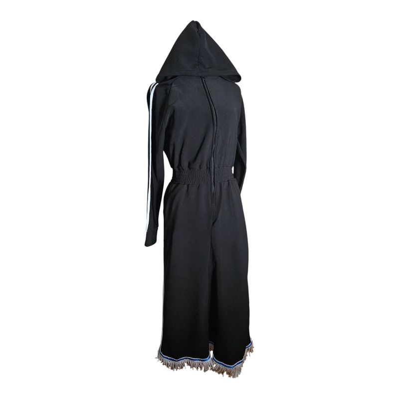 Jumpsuit Hooded Lined Fleece Side Stripes Custom Made Wide-Maxi Skirts Black White Fringes