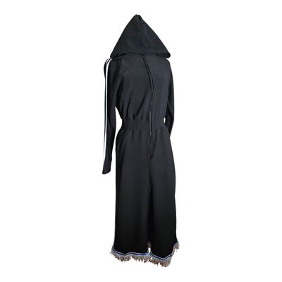 Jumpsuit Hooded Lined Fleece Side Stripes Custom Made Wide-Maxi Skirts Black White Fringes