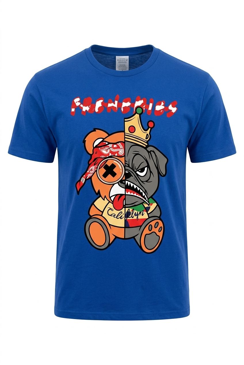 2 Pac &amp; Biggie Frenemies Dog Bear Split Royal Blue Tee White Fringes