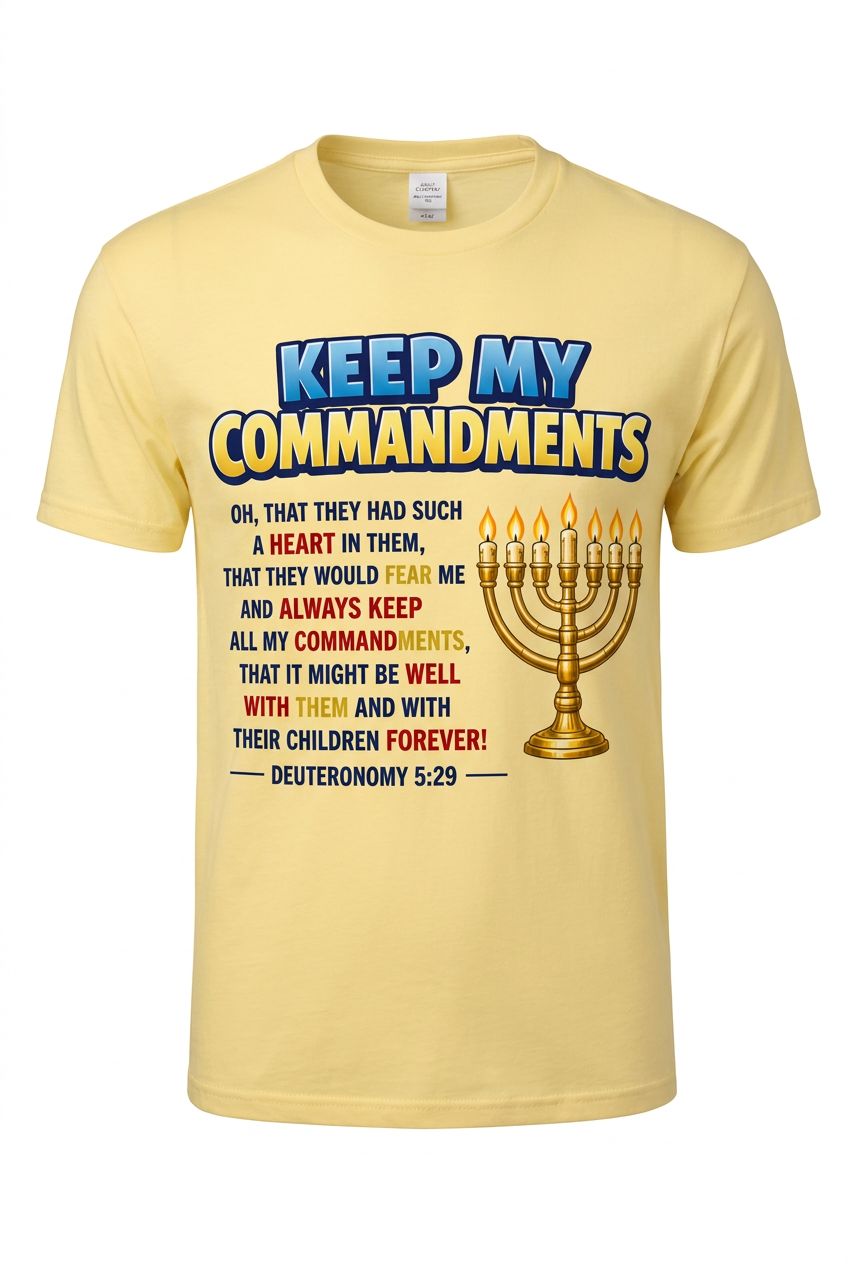 Keep My Commandments Deuteronomy 5:29 100% Cotton Yellow Tee Shirt Navy Blue Fringes