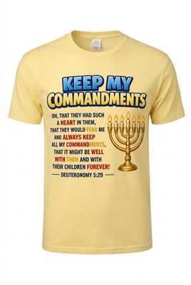 Keep My Commandments Deuteronomy 5:29 100% Cotton Yellow Tee Shirt Navy Blue Fringes