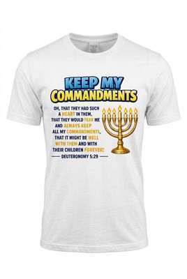 Keep My Commandments Deuteronomy 5:29 100% Cotton White Tee Shirt Gold Fringes