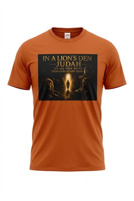 In A Lion's Den Judah We All Took Wives Of Our Father Tribe Tobit 4:12 100% Cotton Orange Tee Shirt Black Fringes