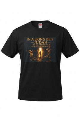 In A Lion's Den Judah We All Took Wives Of Our Father Tribe Tobit 4:12 100% Cotton Black Tee Shirt Gold Fringes