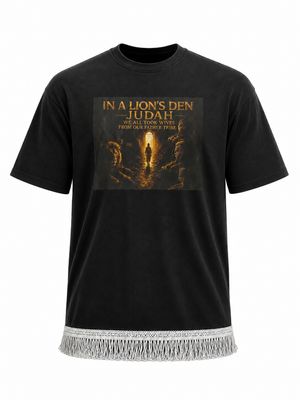 In A Lion's Den Judah We All Took Wives Of Our Father Tribe Tobit 4:12 100% Cotton Black Tee Shirt Gold Fringes