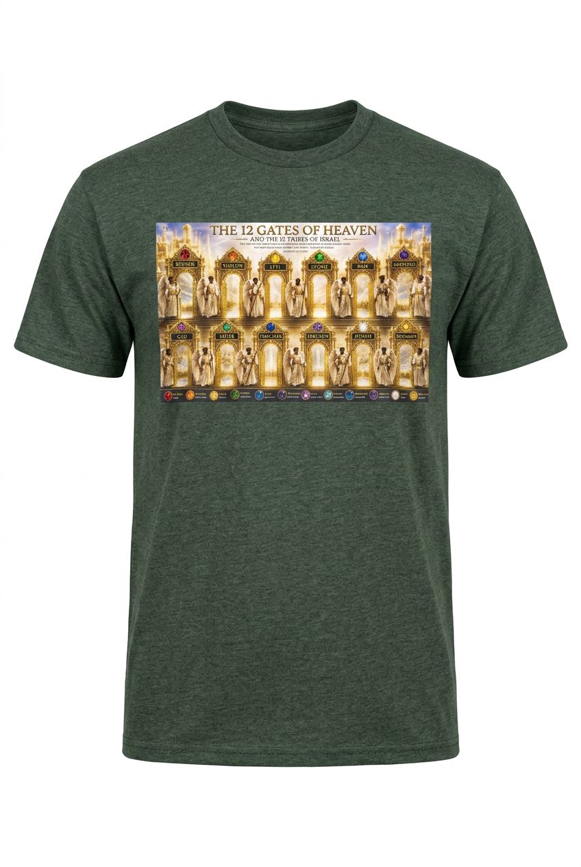The Twelve  Gates of Heaven Tribes of The Children of Israel 100% Cotton Forest Green Tee Shirt Gold Fringes Revelation 21:12