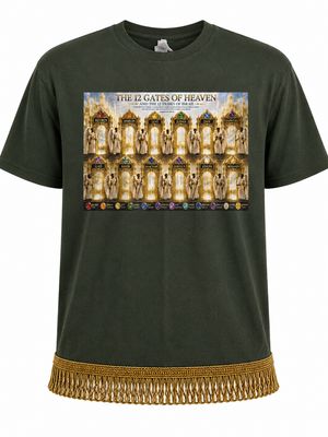 The Twelve  Gates of Heaven Tribes of The Children of Israel 100% Cotton Forest Green Tee Shirt Gold Fringes Revelation 21:12