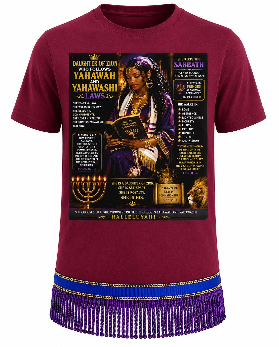 Daughter Of Zion Who Follows Yahawah and Yahawashi Laws Maroon Tee Purple Fringes