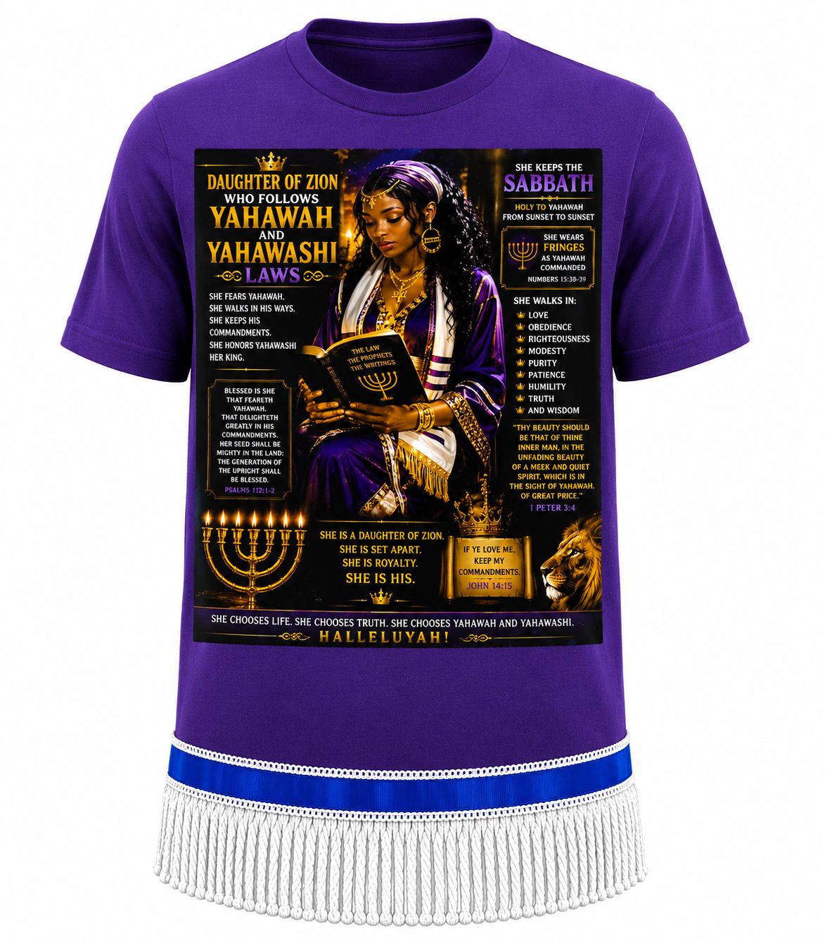 Daughter Of Zion Who Follows Yahawah and Yahawashi Laws Purple Tee White Fringes