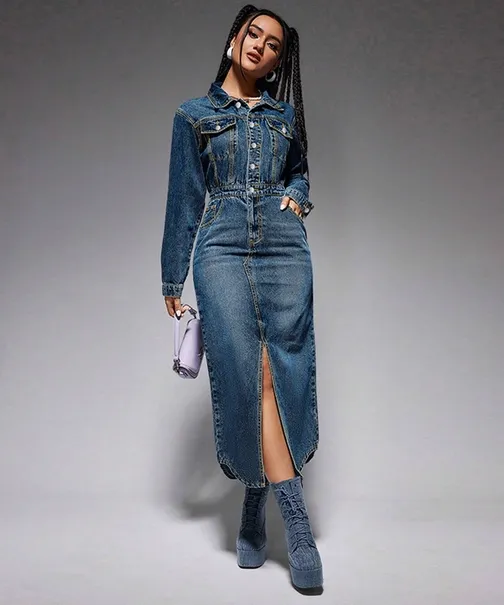 Button-Down Denim Maxi Dress 100% cotton Blue Denim