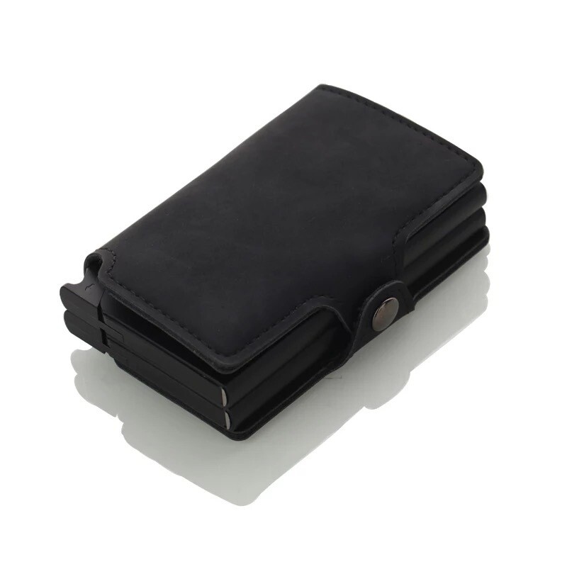 RFID Blocking Leather Credit Card Holder- Black Double